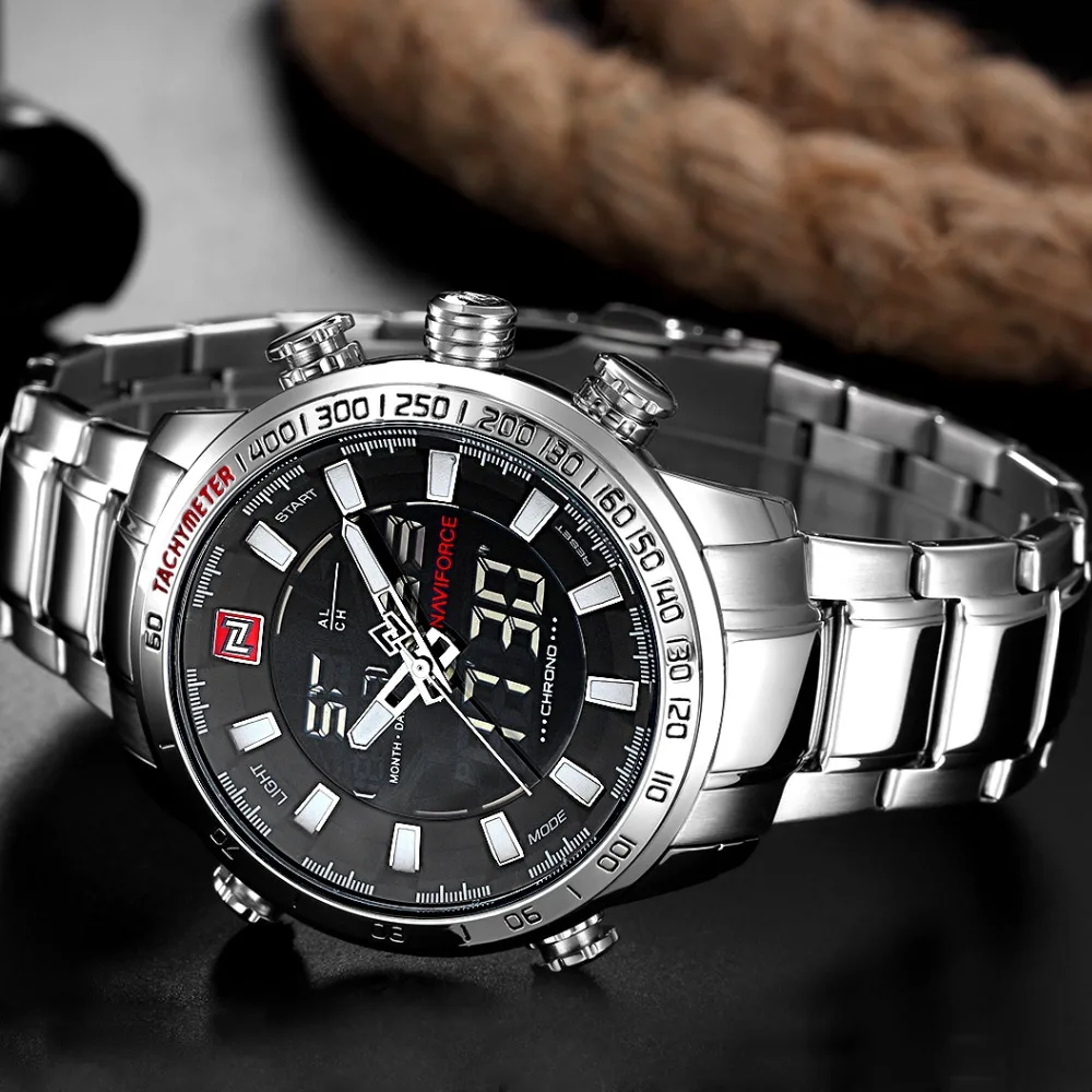 Preise NAVIFORCE Marke Männer Military Sport Uhren Herren LED Analog Digital Uhr Männlichen Armee Edelstahl Quarz Uhr Mit Box Set Für verkauf
