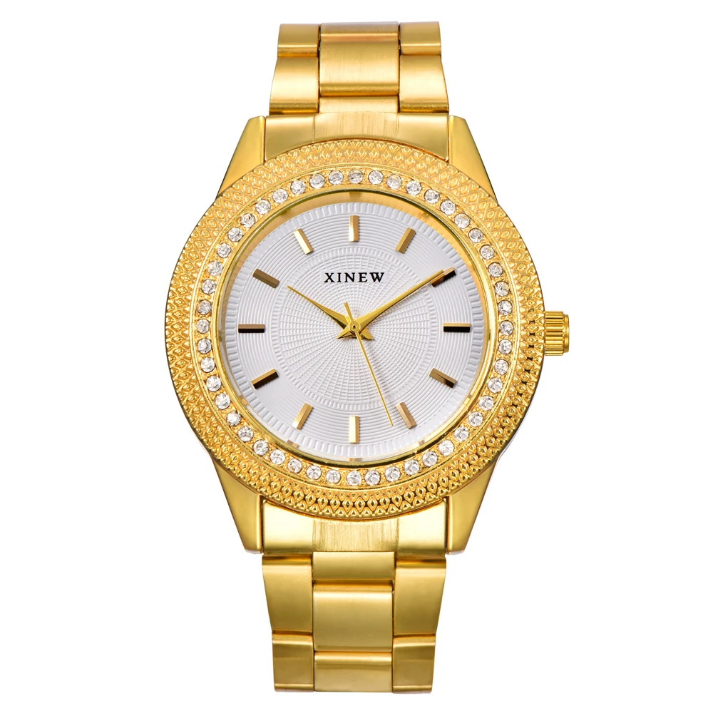 

Top Brand XINEW Couple Watches Mens Women Fashion Rhinestone Gold Stainless Steel Quartz Watch Montre Homme Femme de Marque Luxe
