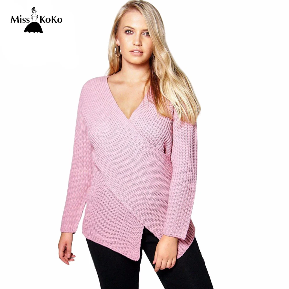 Misskoko Plus Size Women Sweater Solid V Neck Knitted