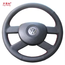 Yuji-Hong Car Steering Wheel Covers Case for Volkswagen VW Polo 2004-2007 Genuine Leather Hand-stitched Auto Cover Black