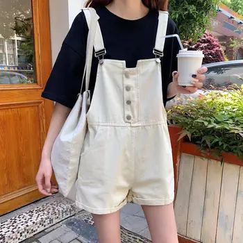 

Brand Summer Frazzle Beige Denim Shorts Women Straps Jeans Short Pocket Fashion College Wind Shorts Denim Romper