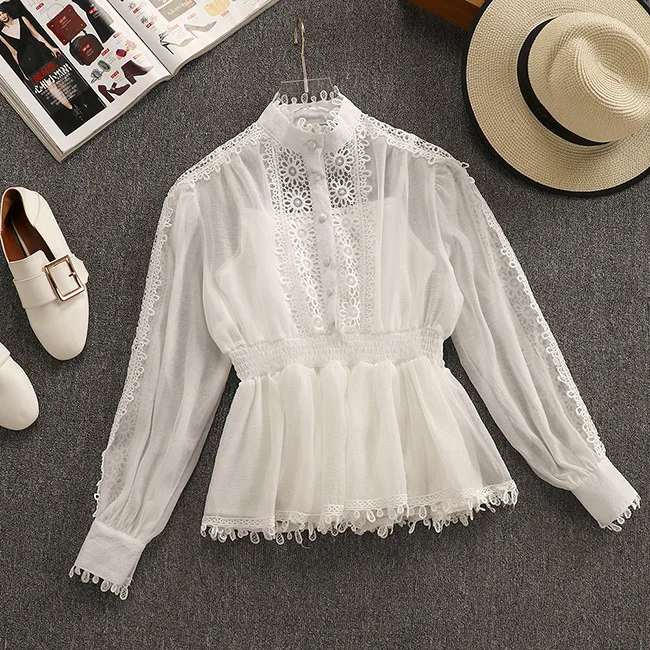 

2019 Spring New Arrival Fairy Stand Collar Women Shirts Lace Stitching Chiffon Blouse Full Sleeves Tops For Women Free Shipping