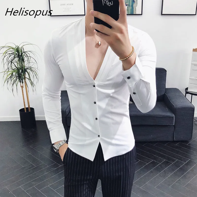 

Helisopus Men's Sexy Deep V Neck Shirt Spring Autumn Long Sleeve Slim Fit Pleating Dress Shirt Men Camisa Masculina