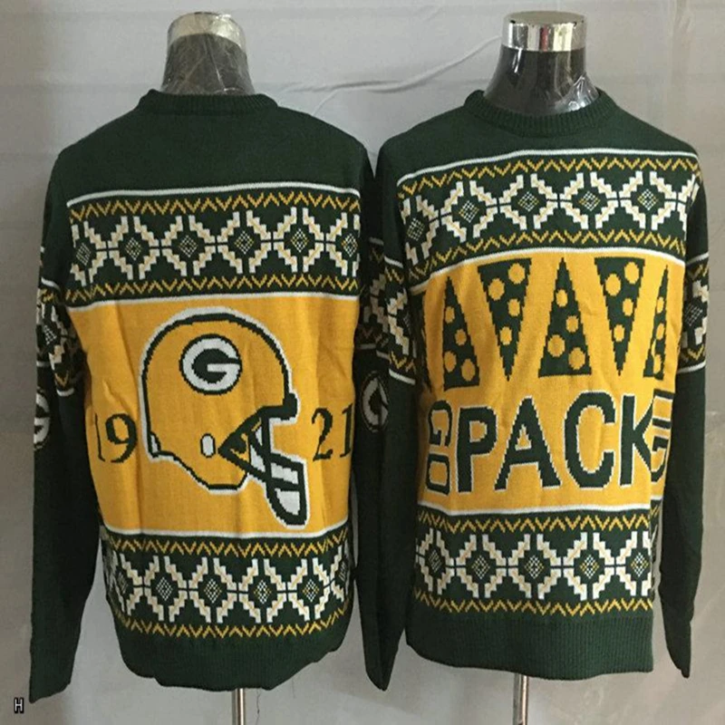 Man Busy Block Ugly GreenBay Sweater Patches Crew Neck