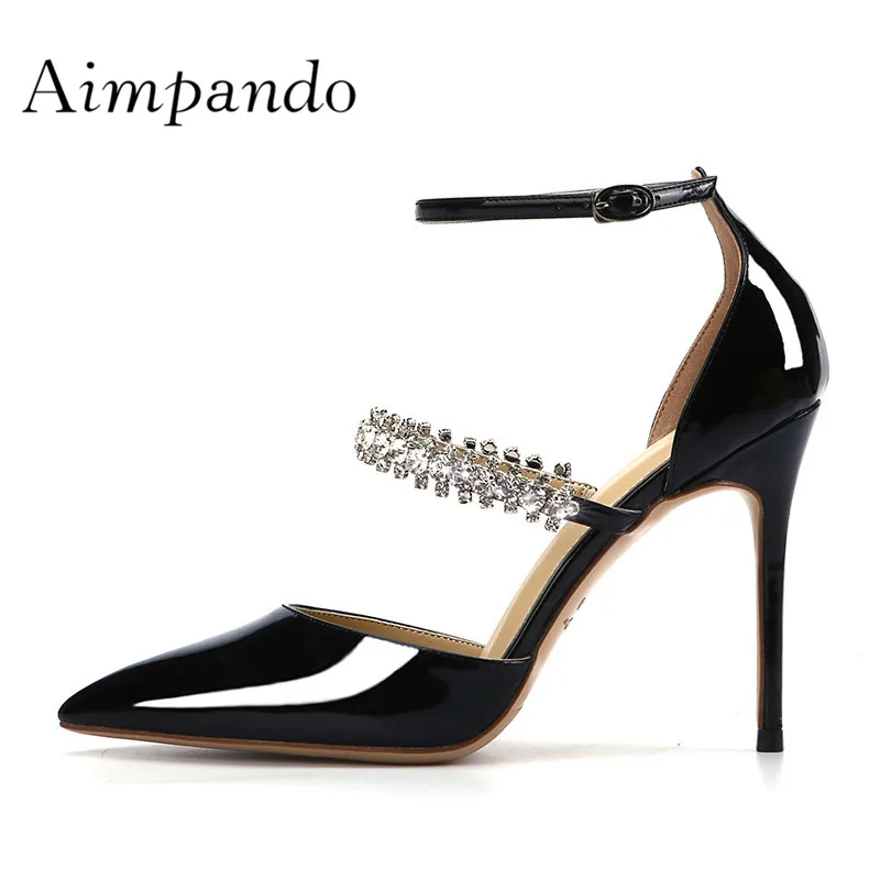 

2019 Rhinestone Gladiator Sandals Woman Pointed Toe Ankle Strap High Heel Shoes Woman Sexy Party Shoes