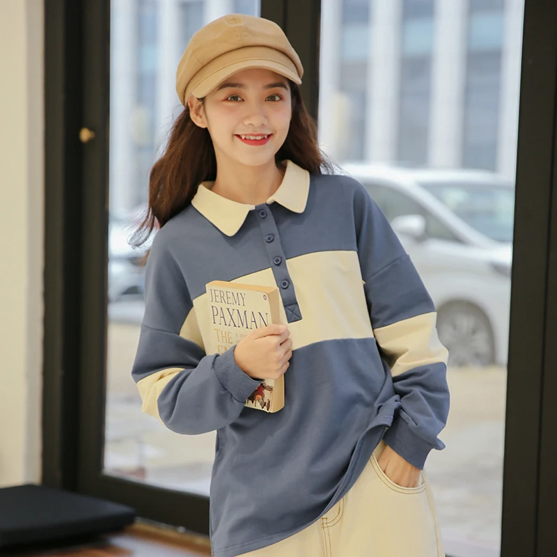 

EAD Loose Harajuku Long Sleeve Sweatshirt Women Autumn Winter Retro Turn Down Collar Patchwork Pullover Casual Female Sweatshirt