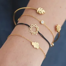 4 Pcs/Set Gold Leaf Cuff Bracelet Simple Link Chain Crystal Braclets for Women Boho Statement Charm Bracelet Set Dropshipping retro faux crystal leaf cuff bracelet for women