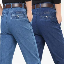 Kostenloser Versand männer jeans hosen dehnen lose gerade männer casual hosen neue winter Männer Denim Hosen Lager größe Blau Out tragen