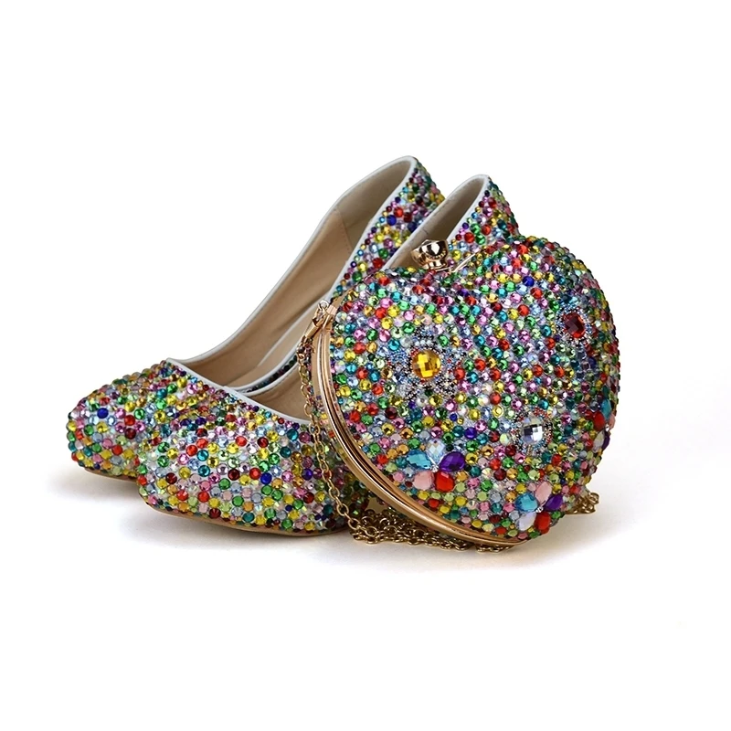

Small Rhinestone Mix Color High Heel Party Shoes with Heart Shape Bag Wedding Bridal Shoes Adult Ceremony Shoes with Clutch Bag