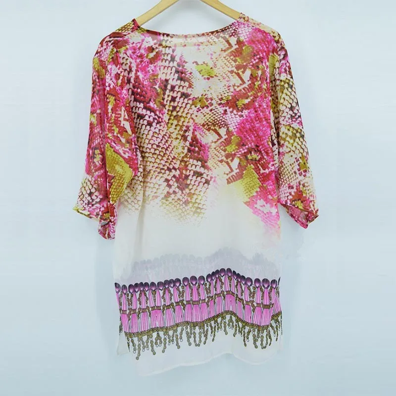 Women's Chiffon V-neck Lace Up Long Blouse Half Sleeve Side Open Beach Snake Bikini Shirts Female 2019 Fashion Casual Women Top