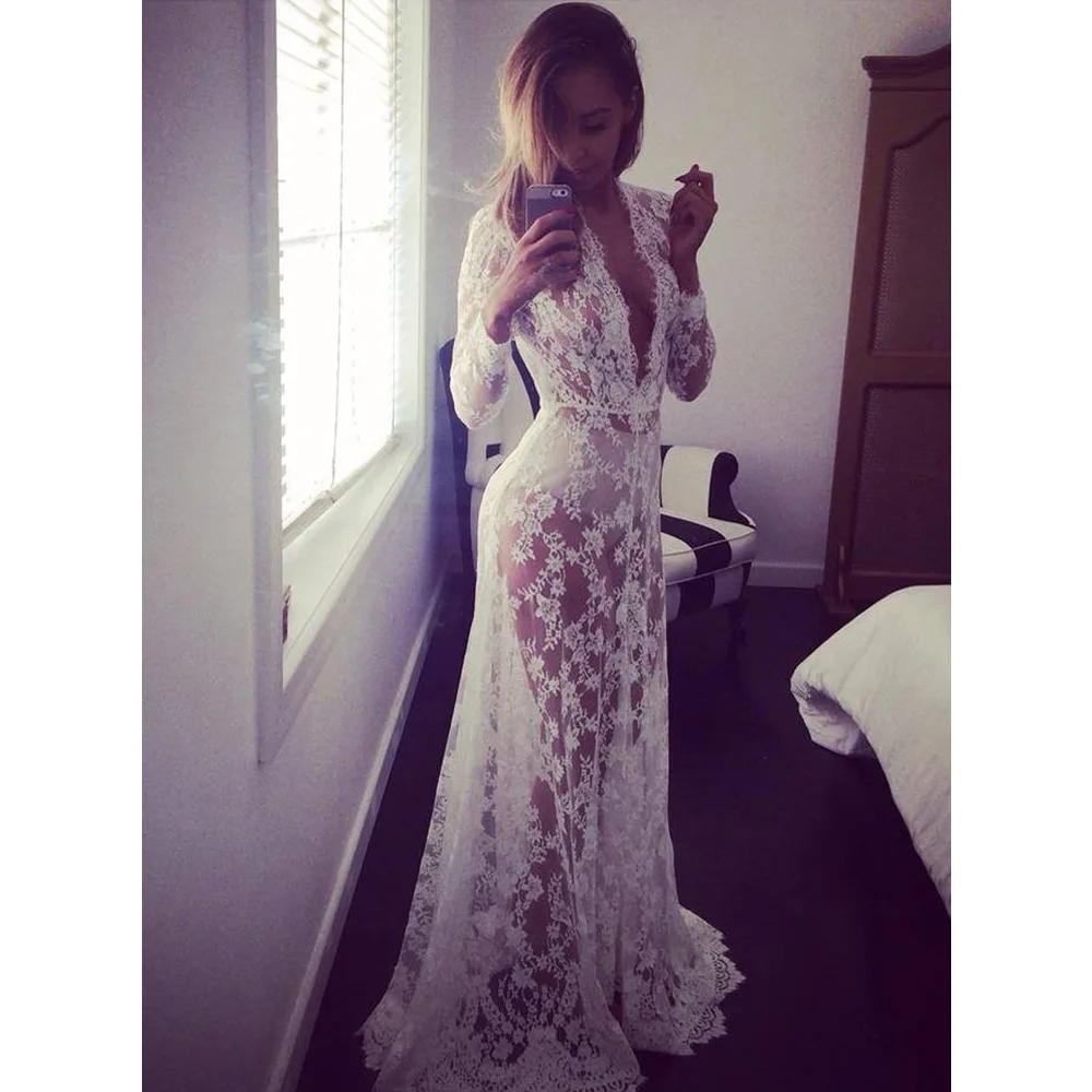 2017 Summer European Style Womens Sexy Lace Embroidery Maxi Solid White Dress Long Sleeve Deep V Neck Vestidos Plus Size S-4XL long-white-lace-dress