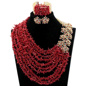 

Fantastic Red African Wedding Coral Beads Jewlery Set Champagne Gold Bridal Necklace Earrings Set New Free Shipping HX774