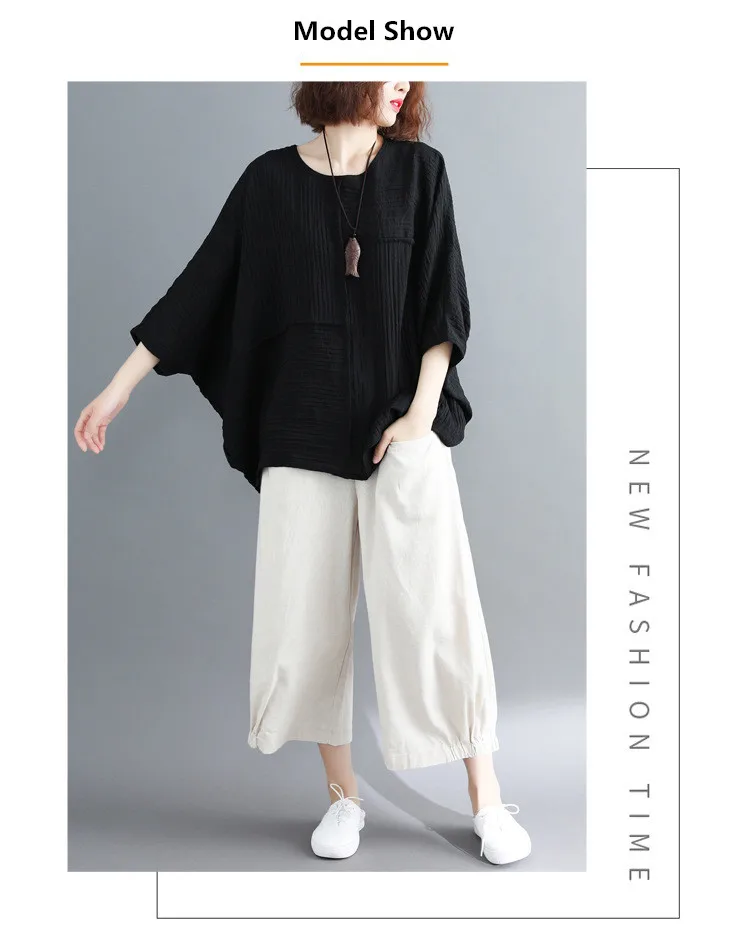  LZJN 2019 New Cotton Linen Soft Wide Leg Women Pants Elastic Waist Solid Color Summer Loose Trouser Plus Size Capris with Pocket (12)