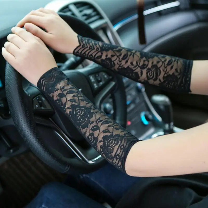 30 см длинные кружевные перчатки женские летние с защитой от ультрафиолета кружевные манжеты Локоть рукава шрам покрытые пальцев перчатки для водителя с защитой от солнца AGB654 - Цвет: black