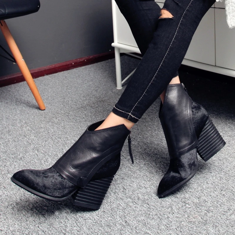 Winter Women Boots Genuine Leather  Women's Shoes Pointed Toe High Heels Horsehair Martin Short Boots Ankle Boots Shoes Woman