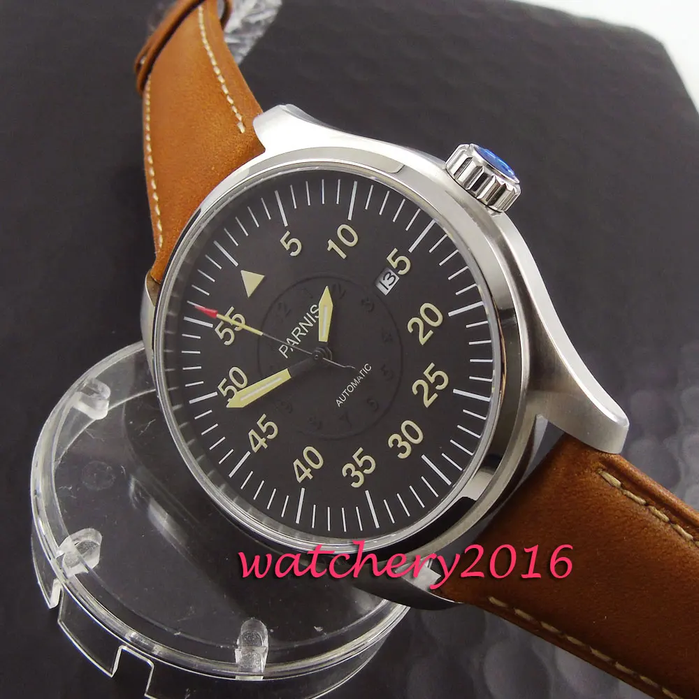 

44mm Parnis black dial stainless steel case date adjust miyota Automatic movement Men's business Watch