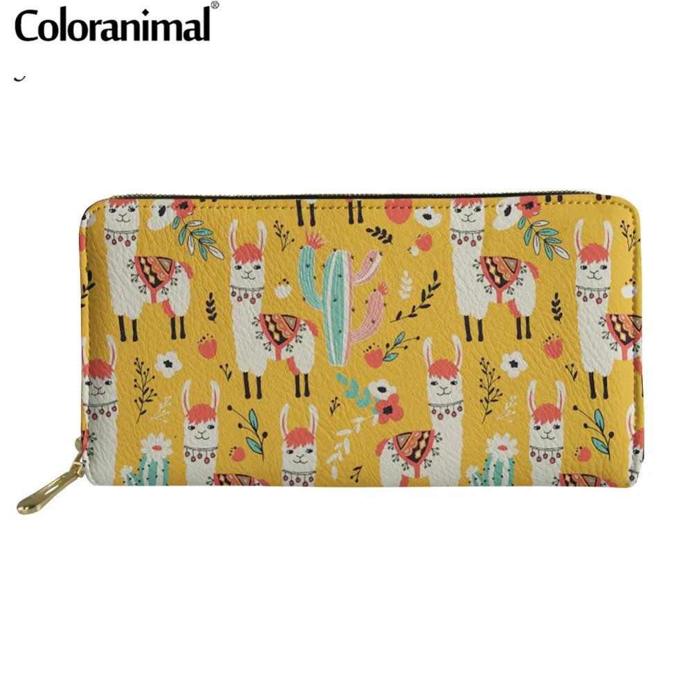 

Coloranimal Wallets Waterproof Leather Clutch Bag Llama Cactus Pattern Cartoon Alpaca Zip Around Wallet Card Holders Phone Purse