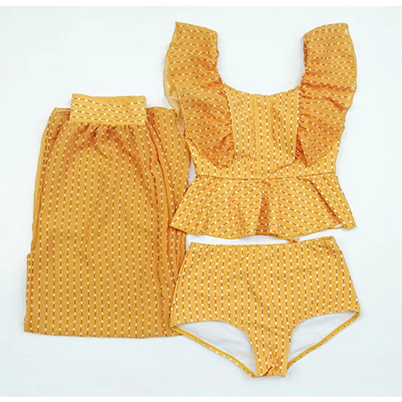 

2019 Women fission stripe Three Piece Slim Set Swimsuit Ruffled top Summer Sexy Bathing Suit Swim high waist bikini Beach Wear