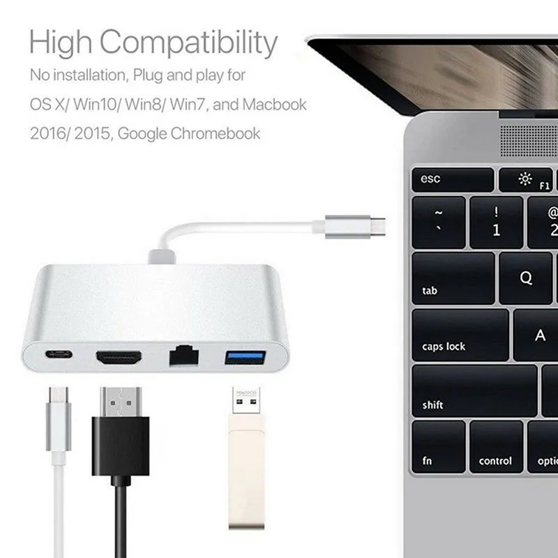 Basix 4 в 1 USB C адаптер концентратор 3 Type к HDMI 4K + Gigabit Ethernet RJ45 0 многопортовый цифровой