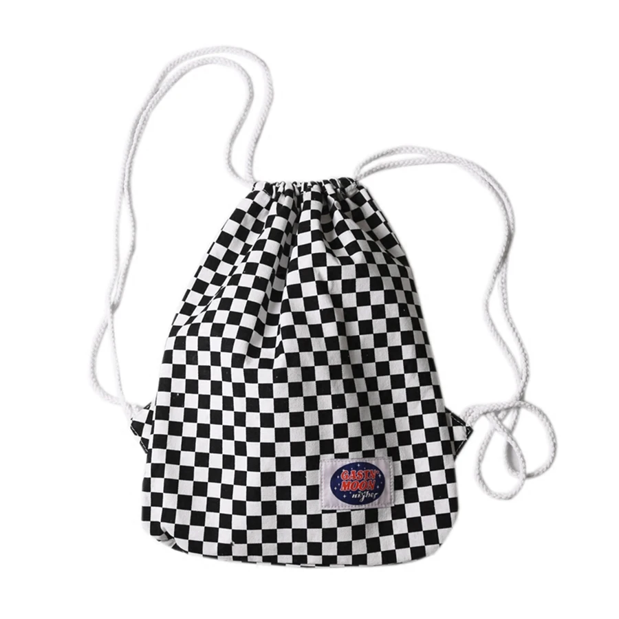 Canvas Drawstring Bag Plaid Women With Pocket Backpack Small Bag School Travel Size Bolsos Rucksack Draw