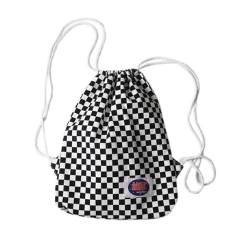 

Canvas Drawstring Bag Plaid Women With Pocket Backpack Small Bag School Travel Size Bolsos Rucksack Draw String Bags 50Z0095