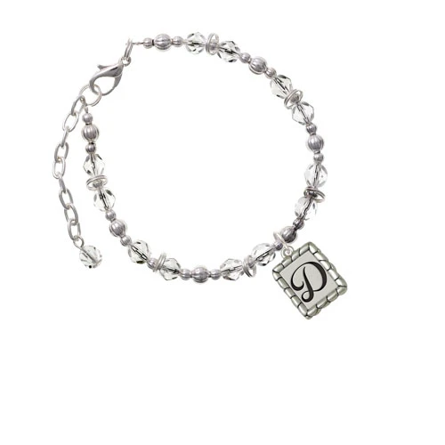 Silvertone Pebble Border Initial - D Clear Beaded Bracelet
