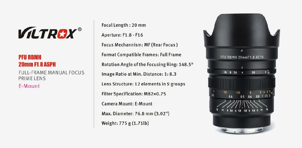 Viltrox 20 мм F1.8 фиксированным фокусным расстоянием большой апертурой ASPH Полнокадровый Широкий формат объектив с фиксированным фокусным расстоянием с постоянным фокусным расстоянием f для sony е-образное крепление для камеры NEX A9 A7M3 A7R A6300