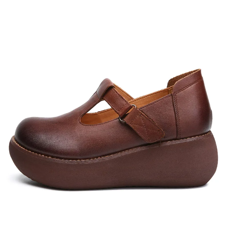 DRKANOL 2020 Spring Women Flat Platform Shoes Handmade Genuine Leather Round Toe Shallow Casual Shoes Women Platform Heel Shoes