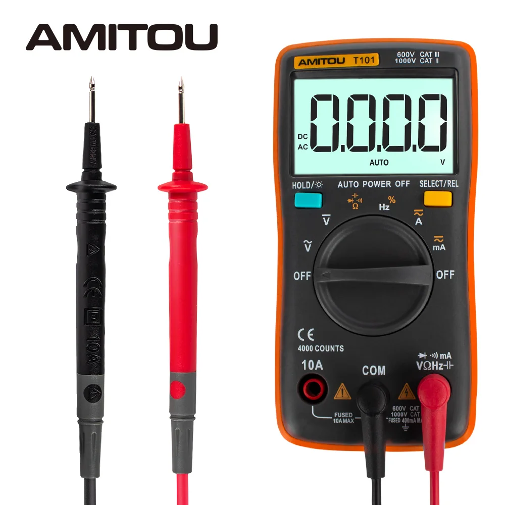 

AMITOU T101 LCD Digital Multimeter AC/DC Voltage Current Milliamp Resistance Frequency Buzzer Conversion Tester Orange