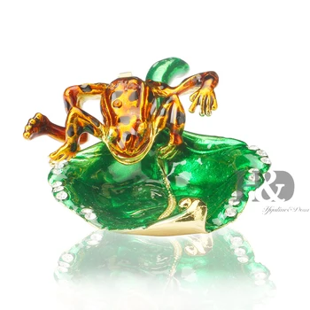 

H&D 1.2''Metal Frog in Leaves Wedding Ring Trinket Box with Crystal Holder Earring Jewelry Storage Box Gifts For Women