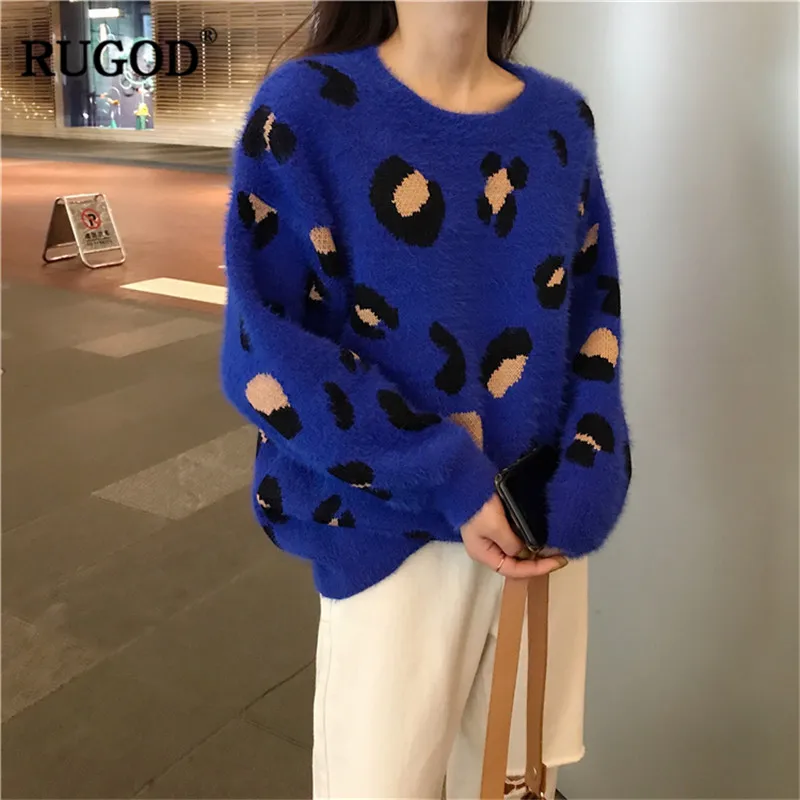 

RUGOD Plus Size Leopard Women Pullovers O-Neck Loose Casual Women Sweaters Knitted Warm Winter Clothes pull hiver femme 2018