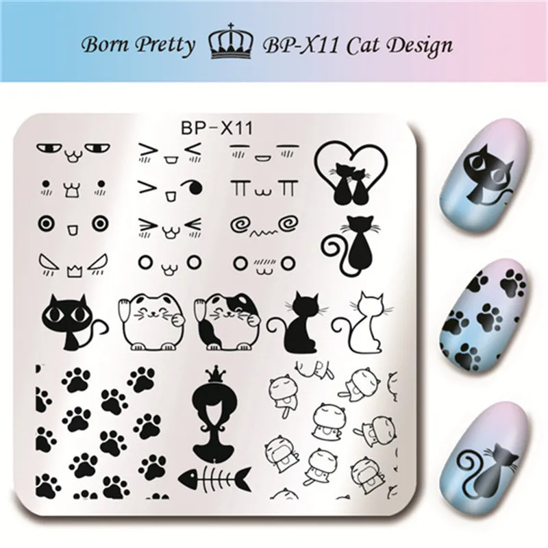 BORN PRETTY Animal серия квадратный дизайн ногтей штамп шаблон милый Кот Дизайн лапа изображение пластины
