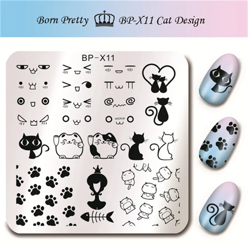

BORN PRETTY Animal Series Square Nail Art Stamp Template Cute Cat Design Paw Image Plate