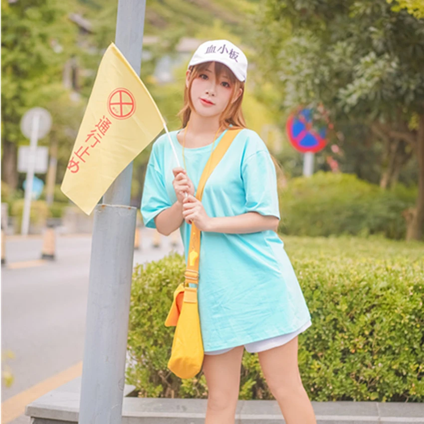 

Cells At Work Cosplay Costume Hataraku Saibou Anime Sets Platelet Cosplay Girl Solid T-shirt Embroidery Cap for Woman