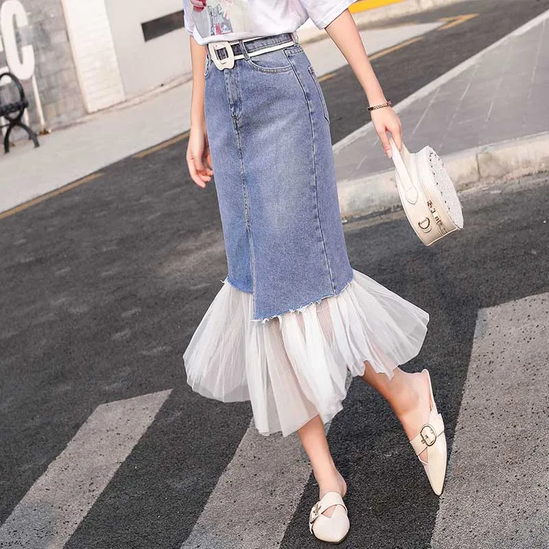 

mutao 2018 new style summer mesh denim skirt sets no belt