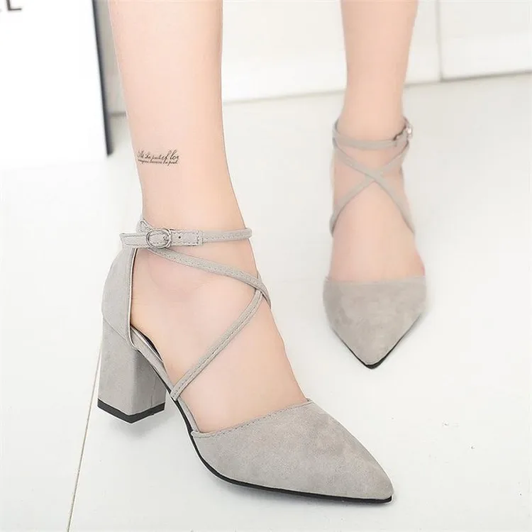 

Spring new Korean women's high heels pointed thick with suede single shoes cross straps Roman women's shoes wedding shoes hjm9