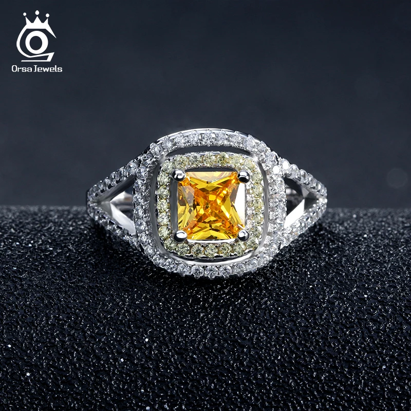 ORSA JEWELS Luxury Princess Cut Yellow Zircon Wedding Ring with Micro Paved Clear and Yellow CZ Fashion Rings for Women OR50
