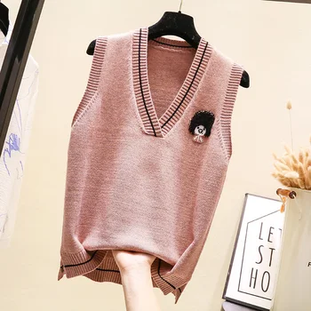 

Sweater Vest Women Female Spring 2019 Preppy Style V-Neck Sleeveless Knit Vest Loose Embroidered Pullover Vest Jacket Female