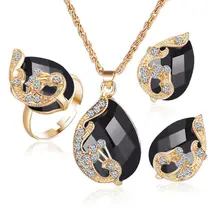 Black Crystal Waterdrop Ring Necklace Earrings Jewelry Set Jewelry Sets Wedding Party For Women Gift moonrocy drop shipping silver color waterdrop fashion crystal necklace and earrings pink opal jewelry set for women girl
