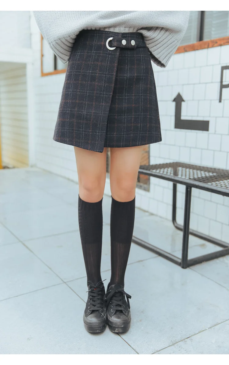Харадзюку женская осенняя и зимняя утолщенная шерстяная клетчатая ретро юбка Женская милая японская кавайная юбка B80803J