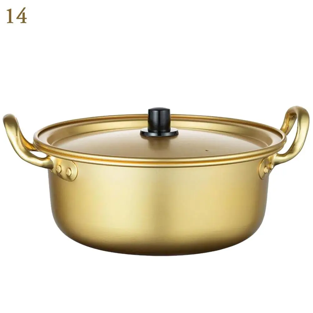 Korean Ramen Noodles Pot Yellow Aluminum Soup Pot With Oxidized Coating Fast Heating Cooling For Kitchen Supplies - Color: 14cm