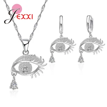 

Elegant Teardrop Eye Fancy Crystals 925 Sterling Silver Jewelry Set For Women Austrian Zirocns Eyelash Necklace Earring