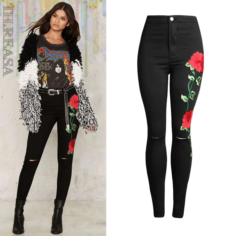 

FCCEXIO Women Vintage Embroidery Floral Jeans Sexy Ripped Pencil Stretch Denim Pants Female Cool Slim Straight Trousers for Girl
