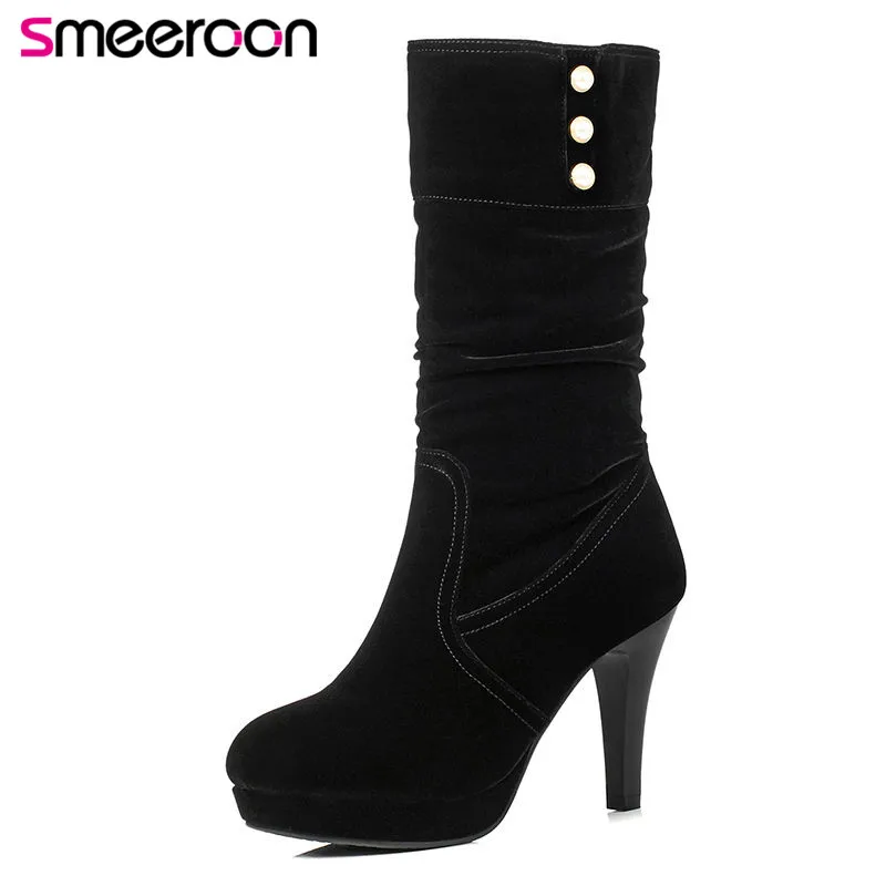 

Smeeroon 2018 new super high heels slip on platform boots round toe mid calf boots for women autumn winter boots wedding shoes