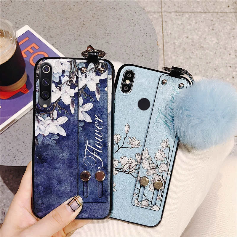 glitter flower finger ring phone case for Xiaomi 8 9 se lite pro MI note 2 3 6X 5X wristband strap holder soft capa coque fundas |