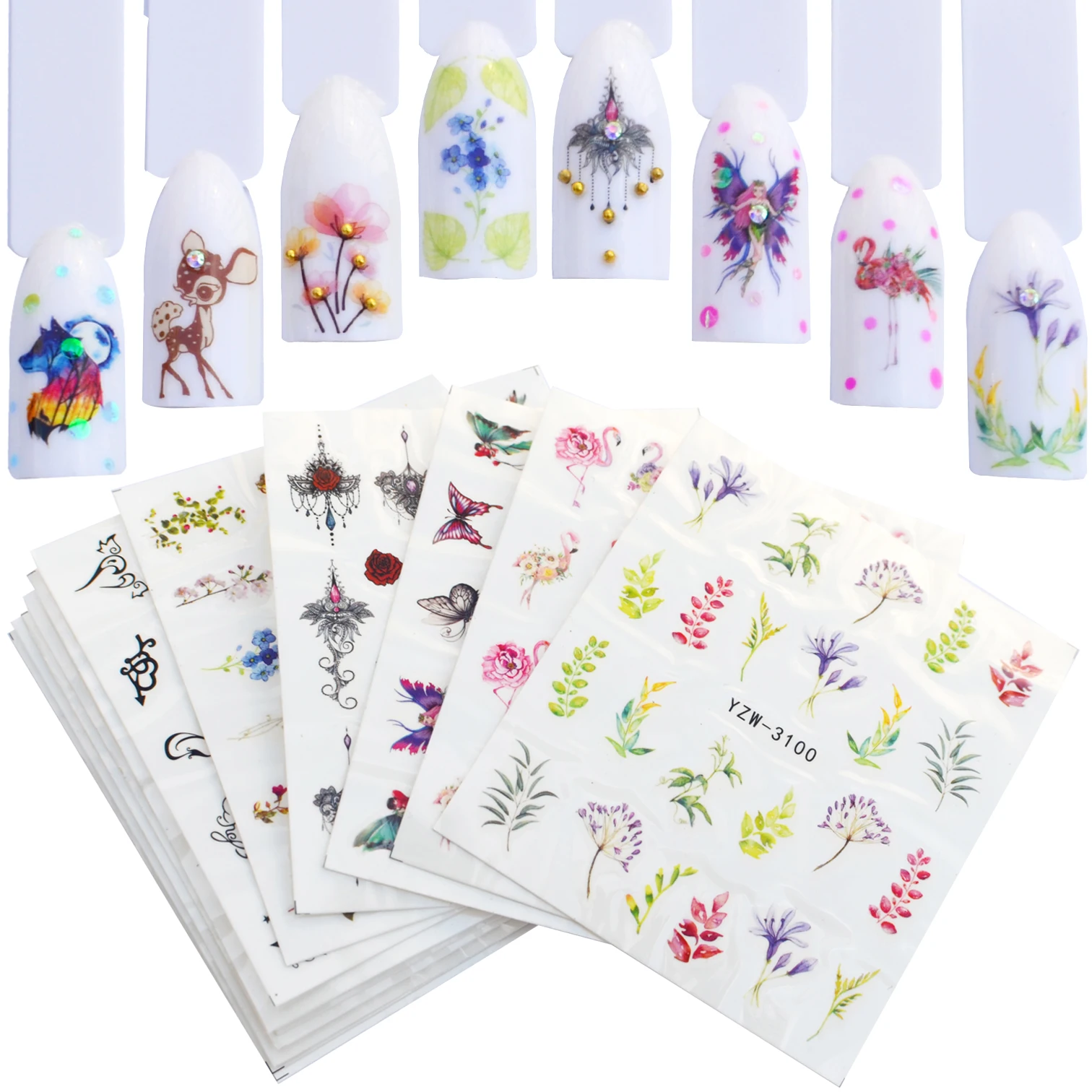 

YZWLE 12PCS Nail Sticker Summer Colorful Designs Water Transfer Decals Sets Flower/Feather Nail Art Decor Beauty Tips