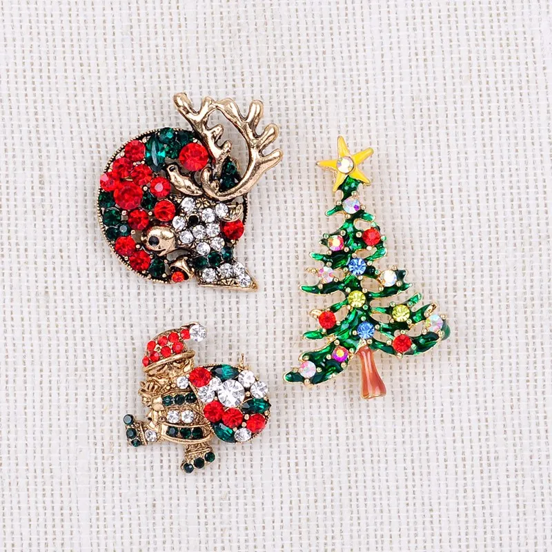 Позолоченный полированный снеговик дерево носки гирлянда костюм брошь булавки горный хрусталь Рождественские Броши Лот воротник зажим для шарфа Пряжка подарки