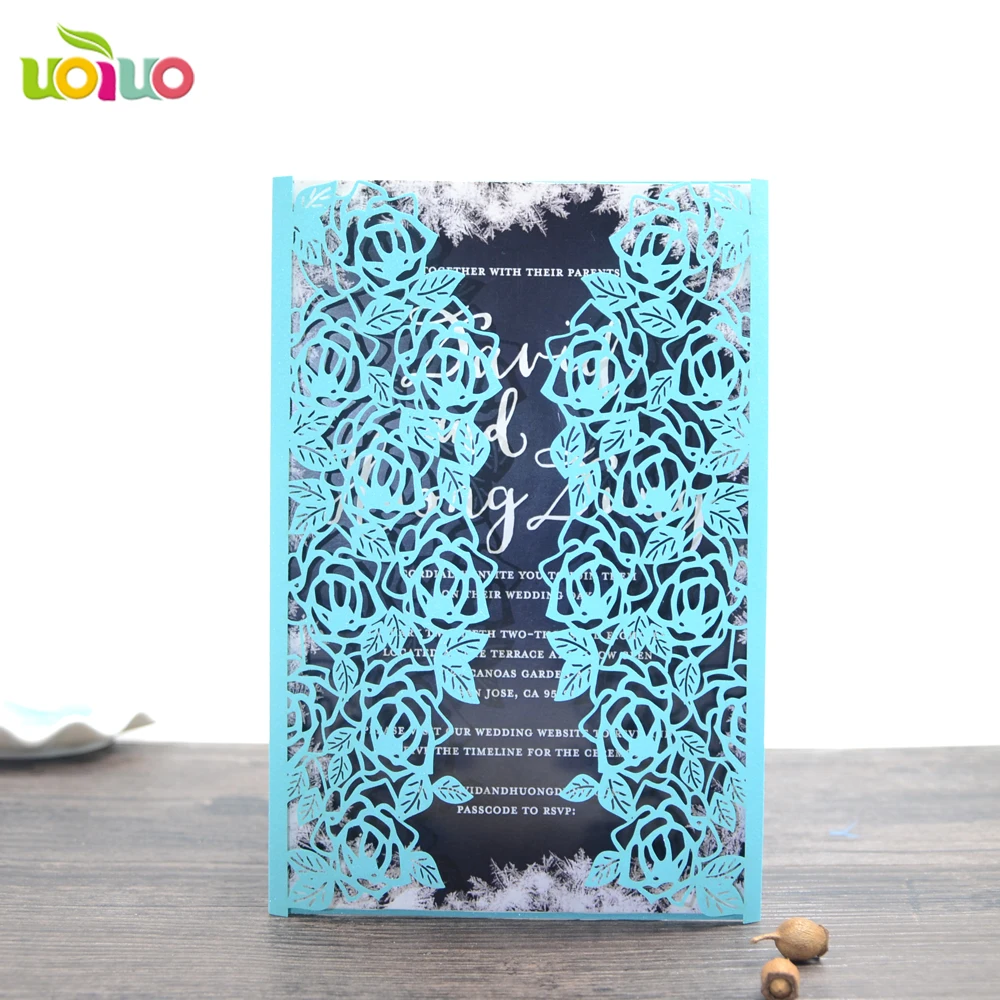 

free shipping 50set inc236 Laser Cut Romantic sky blue Wedding Party Invitation Card Delicate Carved Flower Pattern Hollow Out