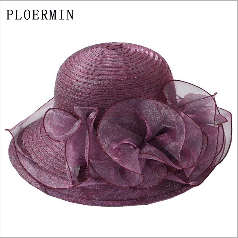 

PLOERMIN Organza Sun Hats Women Flower Summer Wedding Caps Female Elegant Floral UV Church Hats 2019 New Fashion