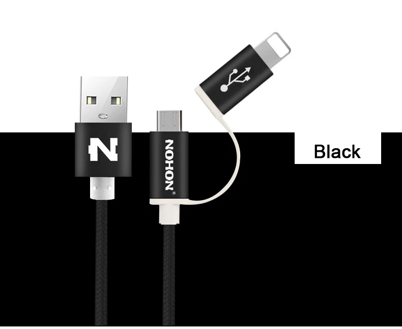 NOHON 2 в 1 Micro USB кабель 8pin USB кабель для зарядного устройства для iPhone 8 7 6 6S Plus 5S iOS 10 9 samsung LG htc Кабели USB для мобильных телефонов - Цвет: Black